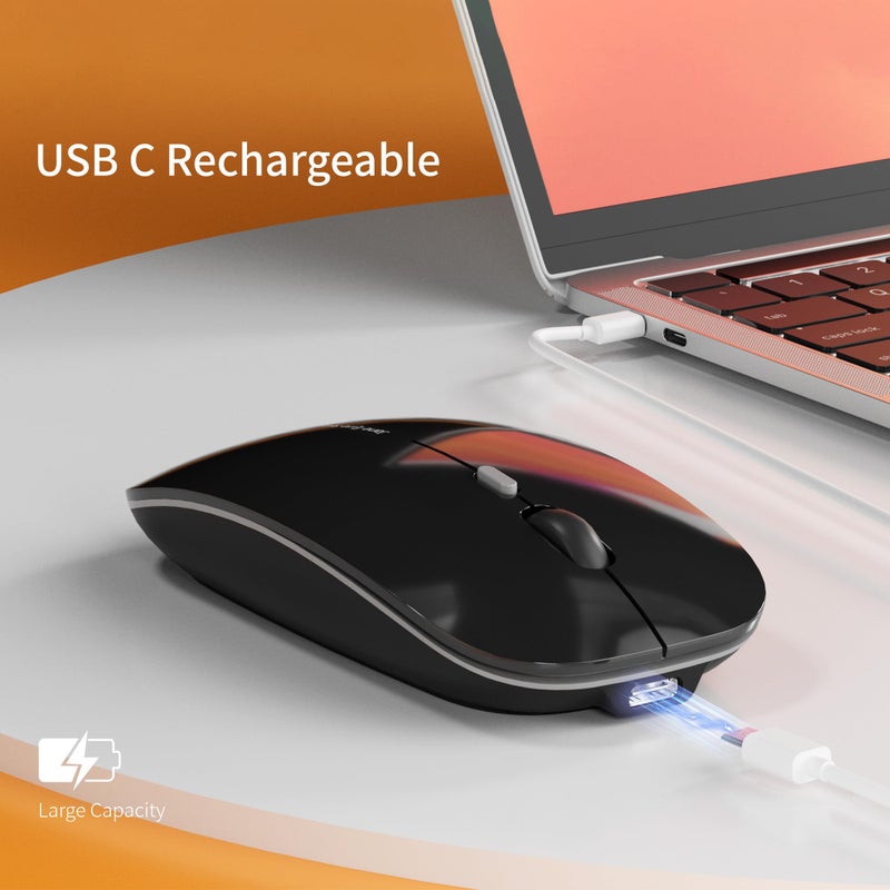 Uciefy Q5 Slim Rechargeable Wireless Mouse, 2.4G Portable Optical Silent Ultra Thin Wireless Computer Mouse with USB Receiver and Type C Adapter, Compatible with PC, Laptop, Notebook, Desktop Black - Image 3